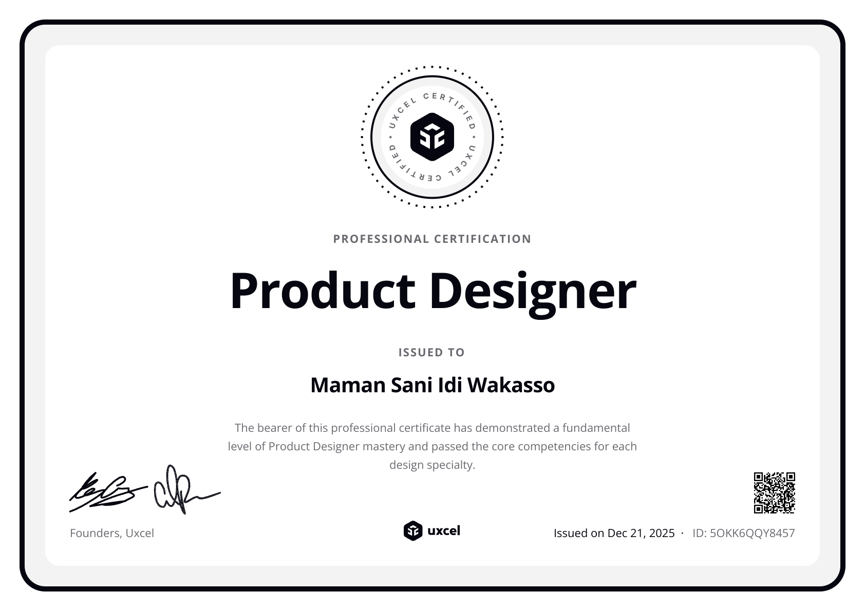 Maman Sani Idi Wakasso's certificate